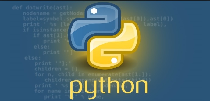 L'image représente le logo du langage Python, elle représente un serpent (python) de couleur bleu et jaune, le fond de l'image est bleu avec des écritures représentant la syntaxe du langage Python 